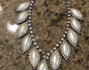 Vintage Rhinestone & Faux Pearl Estate Jewelry Necklace - Black Tie Wedding - 1950’s