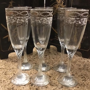 Italian Crystal Champagne Flutes - Hand Decorated Pure Platinum - Made in Italy - Set of 6