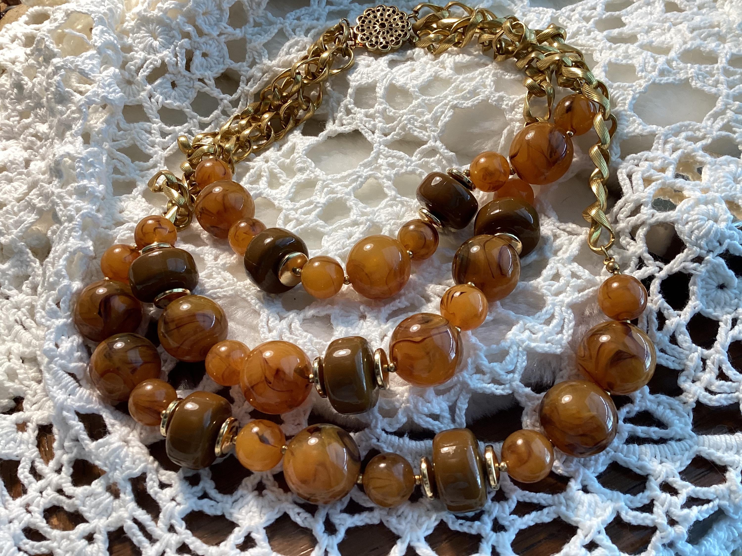 Miriam Haskell Vintage Necklace - Honey Brown Bakelite Beads Gold