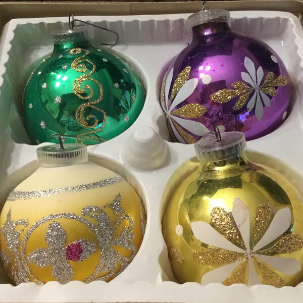 Vintage Sears Roebuck Murcksilber Glas Weihnachtsornamente - Made in Austria - 4er Set - 1970er Jahre