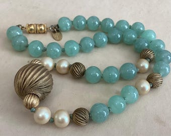 Les Bernard Inc Halsband Simulerad Jade Pärla Pärla Tunnspänne - 16" Choker Halsband Vintage
