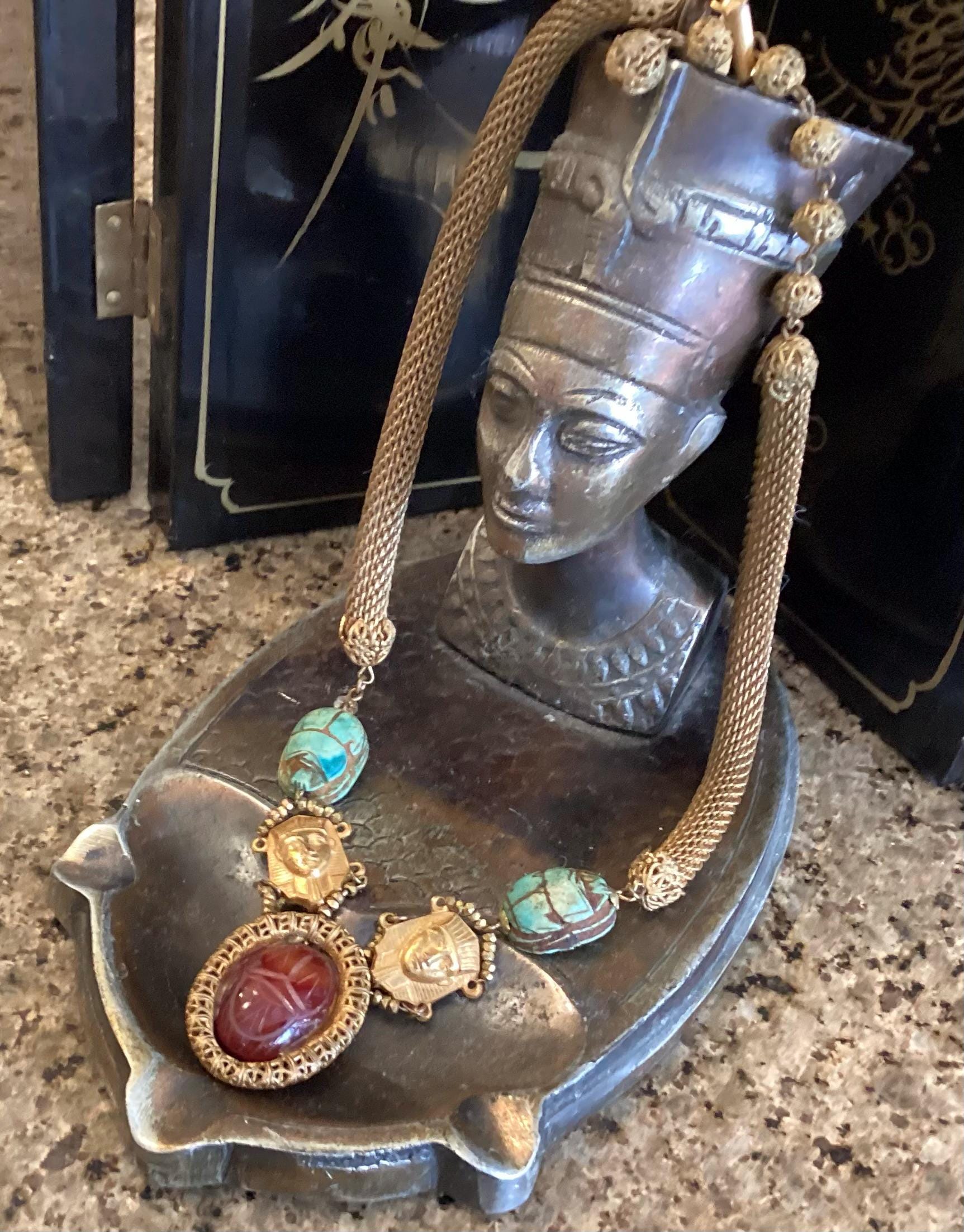 Miriam Haskell - Egyptian Revival Necklace - Carved Stone Scarab