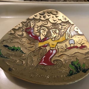 Vintage Israeli Brass Trinket Dish - Yiddish Dancing Couple - Made in Israel