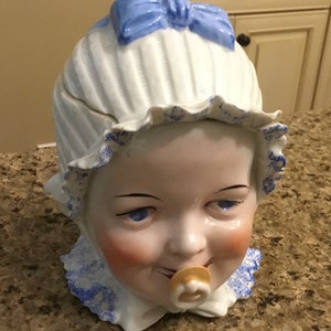 Rare Collectible Antique German Humidor or Tobacco Jar - Baby Head with Pacifier - Circa 1880