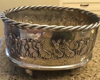 Vintage Silver Metal Four Footed Planter - Repousse Hammered Metal Work - Bunny Rabbits - 1950’s