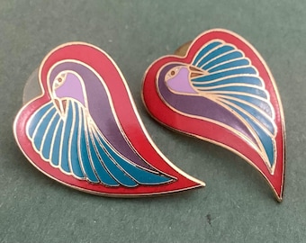 Pendientes de botón vintage Laurel Burch "Corazón de Paloma" esmaltados - años 80