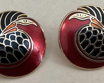 Pendientes de botón vintage con forma de pájaro miná esmaltado de Laurel Burch - Negro y rojo dorado - Década de 1980
