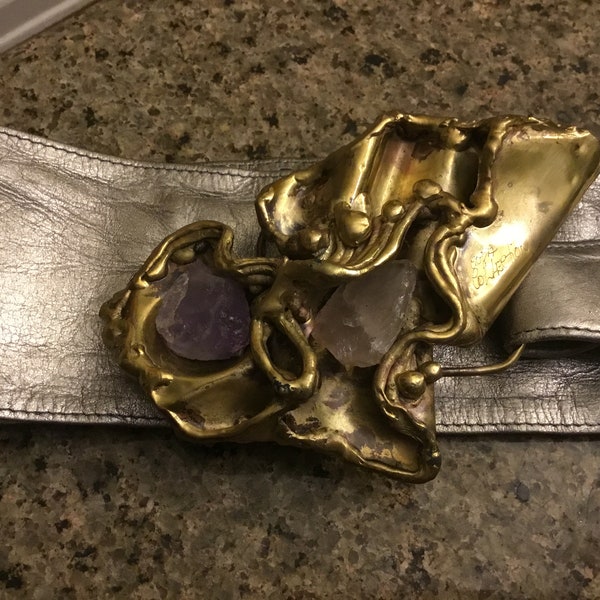 Brutalist Copa Collection - Gold Metallic Leather Belt With Amethyst Buckle- Carvalhu Rio Mid Century Modernist Sculpture - Handmade