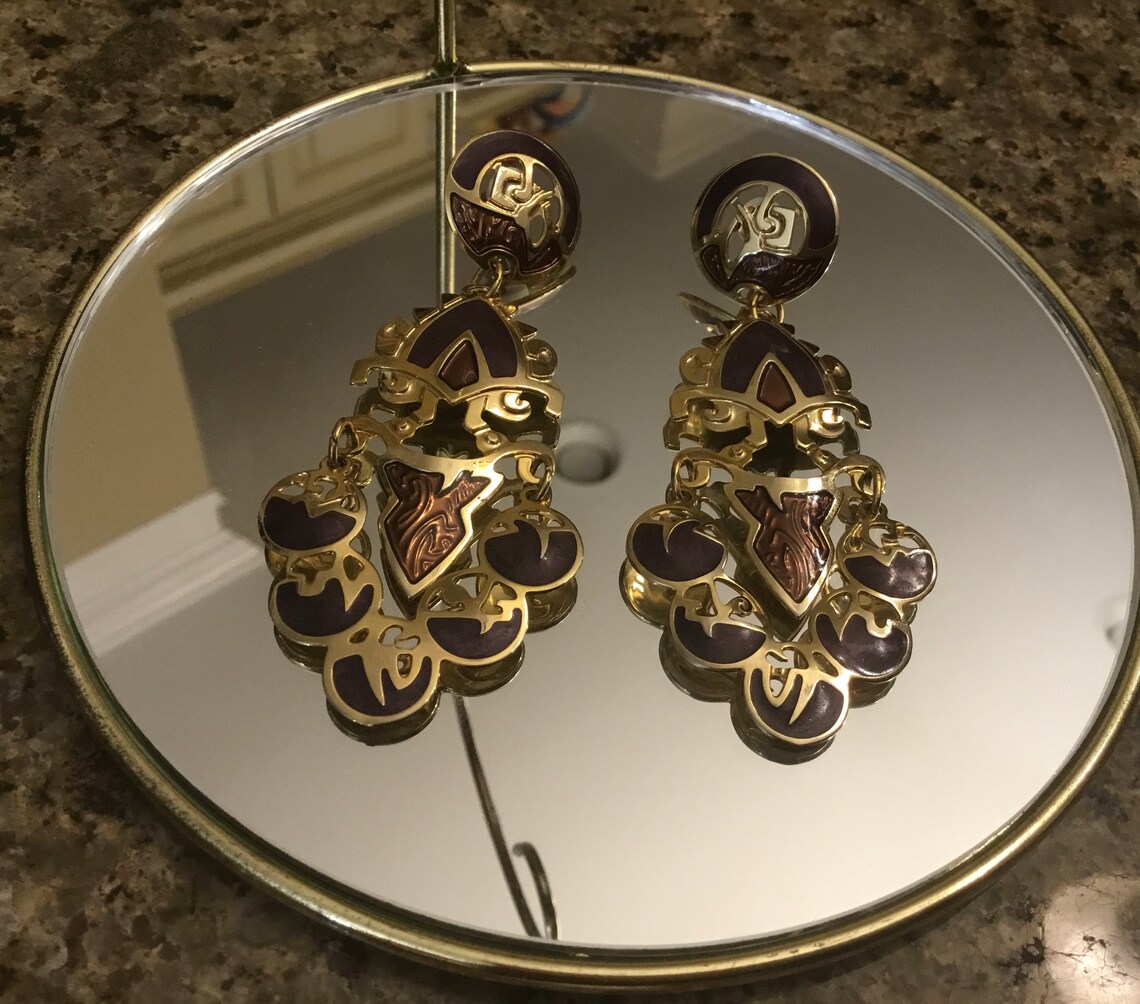 Vintage Exotic Edgar Berebi Purple Enameled Earrings 1990s Etsy