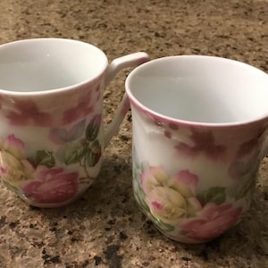 Antique German Demitasse Cups - Pink Rose - Fine Porcelain - Set of 2 - Made in Germany