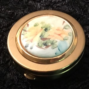 Vintage Brass Pillbox - Hand Painted Apricot Roses on Porcelain Lid
