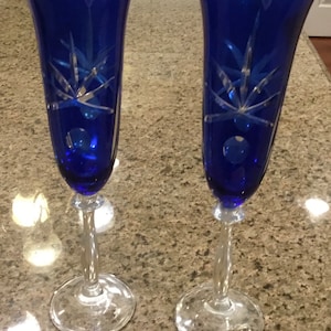 Etched Crystal Czech Glass Cobalt Blue Champagne Flutes - Set of 2