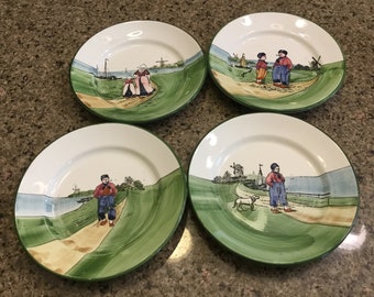 Antique GS ZELL BADEN Set of Four Ceramic Dutch Scene Plates Hand