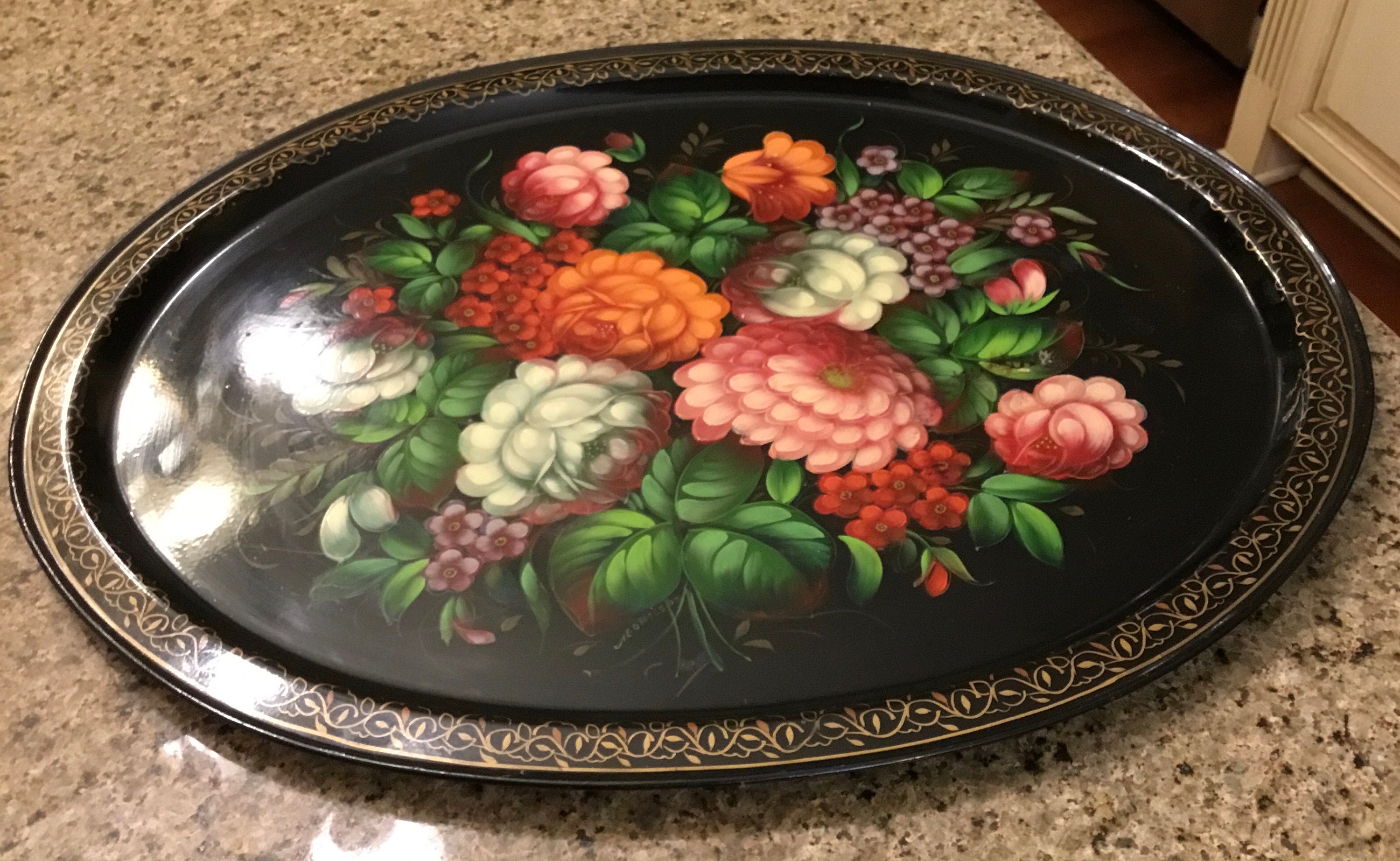 Zhostovo Metal Hand Painted Black Serving Tray Flower Russian MCM