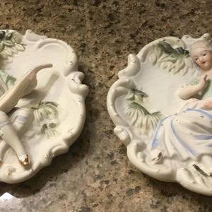 Vintage Victorian Porcelain Wall Plaques - Hand Painted Bisque - Musical Couple - Made in Occupied Japan - 1940’s - Set of 2