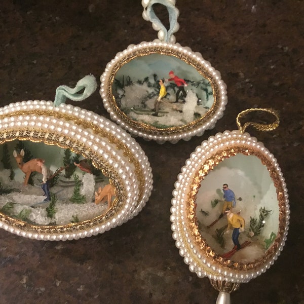 Vintage Diorama Real Egg Ornaments - Hand Made Duck and Goose Egg Ornaments with Winter Skiing Theme - Set of 3