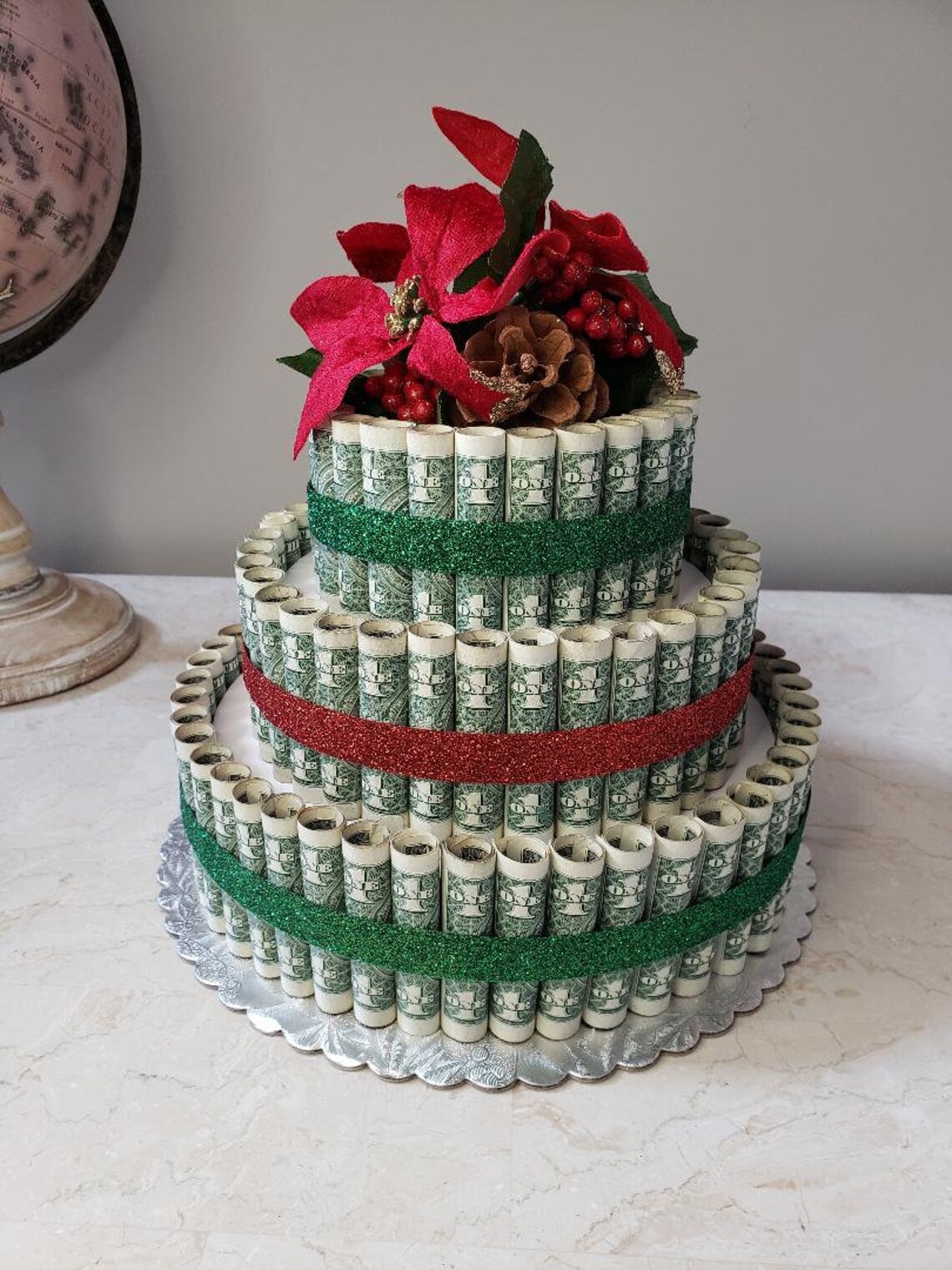 Christmas Cash Cake Three Tier Money Cake Red and Green | Etsy