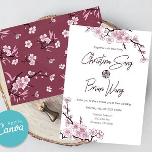 Cherry Blossom Chinese Wedding Invitation Template, Digital Download, Double Happiness Wedding Invitation