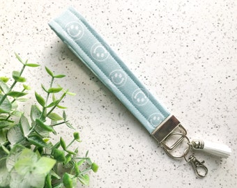 Blue Smiley Fabric Key Fob Wristlet with Tassel