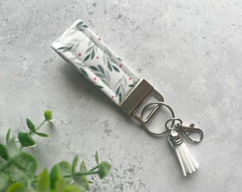 Winter Watercolor Mini Fabric Key Fob Wristlet / Fabric Key Fob / Gift for Her / Key Fob Wristlet / Lanyard / Car Keychain / Holiday Key Fob