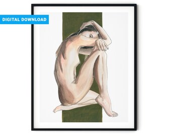 Nude Woman Crouched Watercolor Painting Drawing Print | Printable Wall Art, Female Figure, Naked Girl Figure Drawing