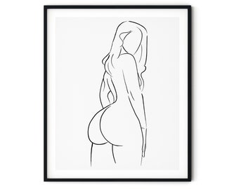 Nude Woman Back & Butt Line Drawing Print | Printable Wall Art, Female Figure, Abstract Minimalist Sketch, Naked Girl Figure Drawing