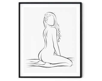 Nude Woman on Bed Back & Butt Line Drawing Print | Printable Wall Art, Female Figure, Abstract Minimalist Sketch, Naked Girl Figure Drawing