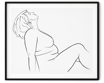 Curvy Nude Woman Digital Art Print | Naked Female Sketch, Black & White Illustration, Body Positive Plus Size Drawing