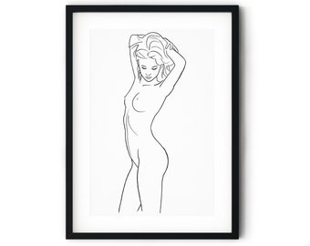 Nude Woman Line Drawing Print | Printable Wall Art, Female Figure, Abstract Minimalist Sketch, Girl Fixing Hair, Naked Girl