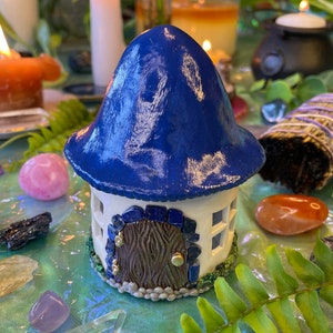 May include: A small blue and white ceramic fairy house with a brown door and a gold knob. The house is surrounded by crystals and a fern.