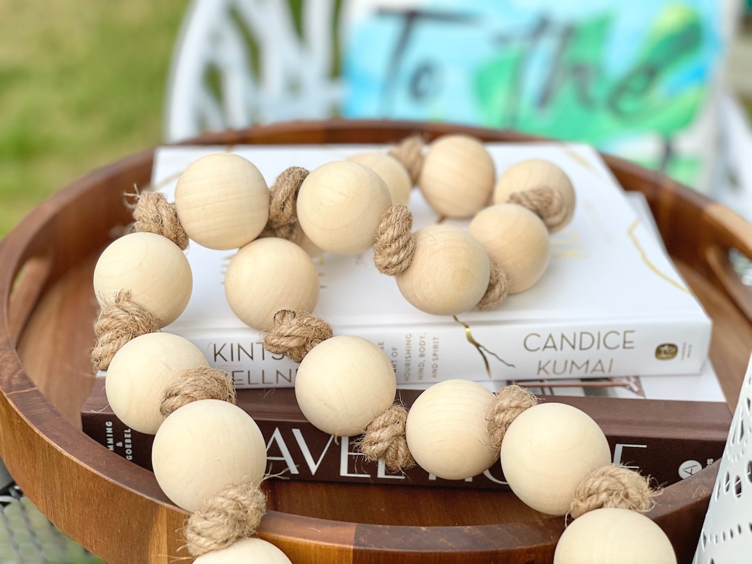 Chunky Wood Bead Knot Garland, Farmhouse Wood Bead Garland, Tiered