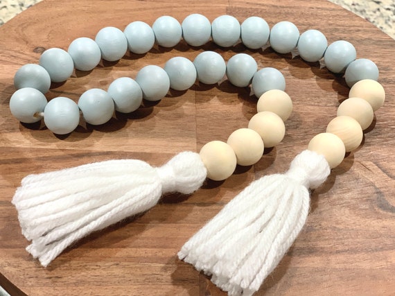 Gray Bead Garland With Tassels, Hand-painted Rustic Farmhouse
