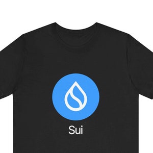 May include: Black t-shirt featuring a blue circle with a white stylised water drop and the word "Sui" underneath.
