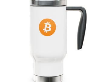 Bitcoin Logo Travel Mug, 14oz Stainless Coffee Cup, Gift for Crypto Fans, Great Hot/Cold Drinks on the Go, Bitcoin Fan gift, BTC Travel Cup