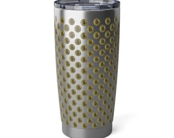 Gold Bitcoin Pattern Travel Tumbler, BTC Fan Gift, 20oz
