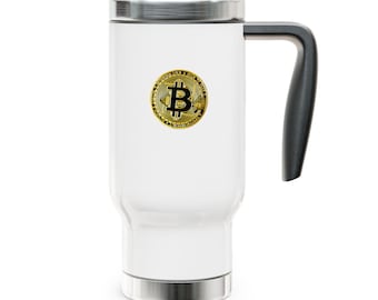 Gold Bitcoin Travel Mug, Crypto Lover gift, Gift for Tech Enthusiast, Stylish Travel Accessory, Bitcoin fan gift, Crypto Travel Mug/Cup