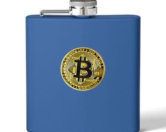 Gold Bitcoin logo Stainless Steel Flask 6oz, bitcoin themed gear, bitcoin flsk, bitcoin fan gift, BTC gift for him, Bitcoin gift for her