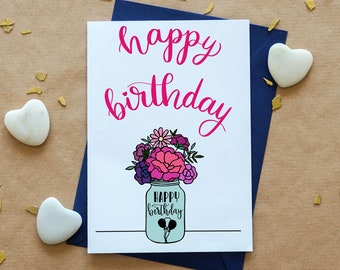Printable Happy Birthday Card with floral vase, Printable cards