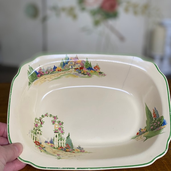 Homer Laughlin English Garden, 9” serving bowl, cottage, garden gate pattern, vegetable bowl, green and cream dish, farmhouse bowl, c-4