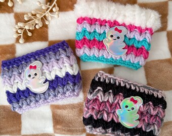Girly Ghost Cup Cozy | Crochet Coffee Sleeve | Cute Halloween Cup Cozy | Reusable Coffee Holder | Spooky Kawaii Fall Gift