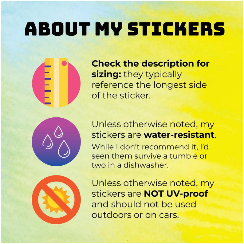 May include: Informational graphic titled "ABOUT MY STICKERS" with text explaining sticker sizing, water resistance, and UV protection. Includes icons of a ruler, water drops, and a sun with a prohibition symbol.