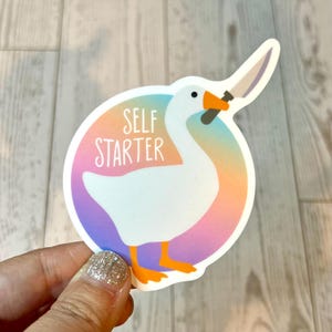 May include: A sticker featuring a white goose with orange feet and beak, holding a knife. The design is set against a rainbow gradient and includes the text "SELF STARTER".