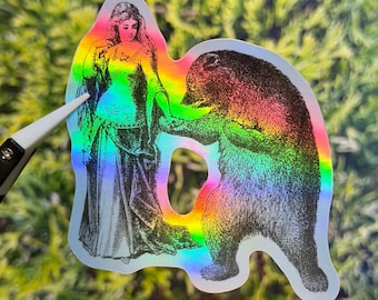 Silver Holographic "Choose The Bear" Sticker - vintage 19th century illustration art