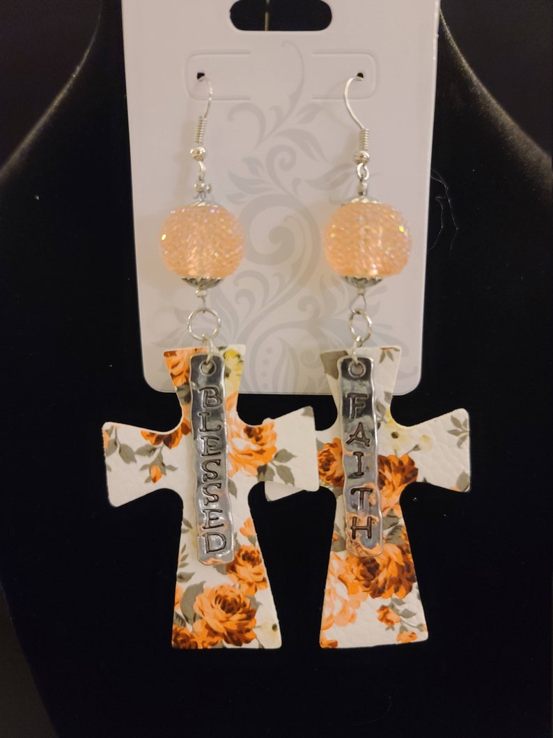 faux leather Blessed floral Peach Cross earrings Faith
