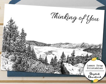 Beautiful Landscape Thinking Of You Card, Lake Tahoe California, Pen and Ink Card, Sympathy, Printable Card, Digital Download, 4x6 PDF File