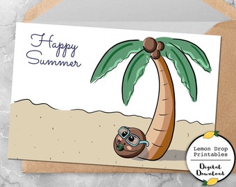 Printable Happy Summer Card, 4x6 PDF Download, Cute Coconut Sipping Drink, Palm Tree Card, Summer time, Digital Download