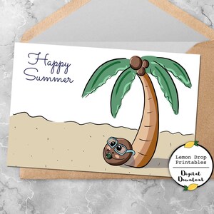 Tarjeta de verano feliz imprimible, descarga PDF 4x6, linda bebida para beber coco, tarjeta de palmera, horario de verano, descarga digital