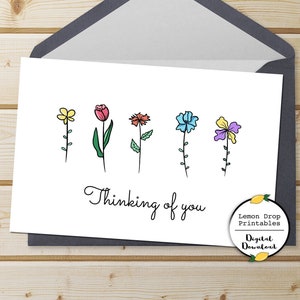 Carte de fleurs mignonnes imprimable en pensant à vous, téléchargement numérique, carte de sympathie imprimable, PDF 4 "x 6"