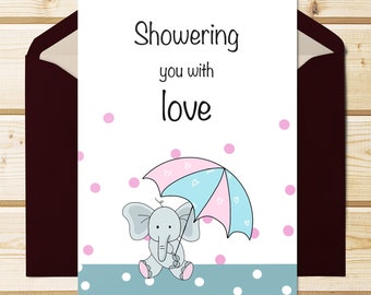 Showering You With Love Elephant Baby Shower Card - Neutral Baby Shower Card - Printable Card - Digital Download - PDF, 5"x7"