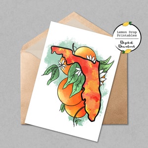AFDRUKBARE Florida kaart kaart, Florida sinaasappelen kaart, Florida geschenk, Florida kunst, geïllustreerde Florida wenskaart, Florida briefpapier